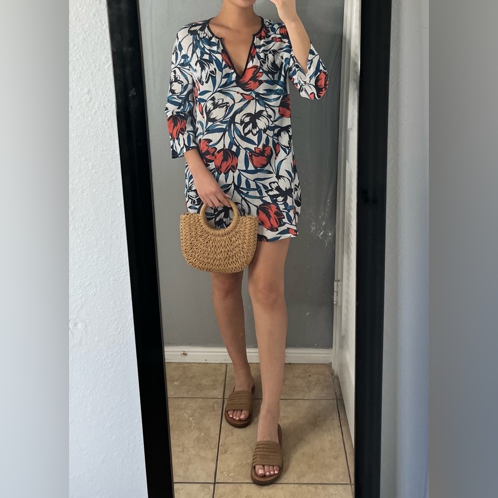 J.Crew Floral Cotton Tunic Cover-Up Mini Dress S| resort beach vacation coastal